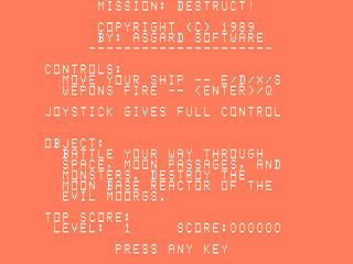 Mission Destruct opening screen