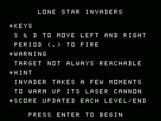 Lone Star Invaders opening screen